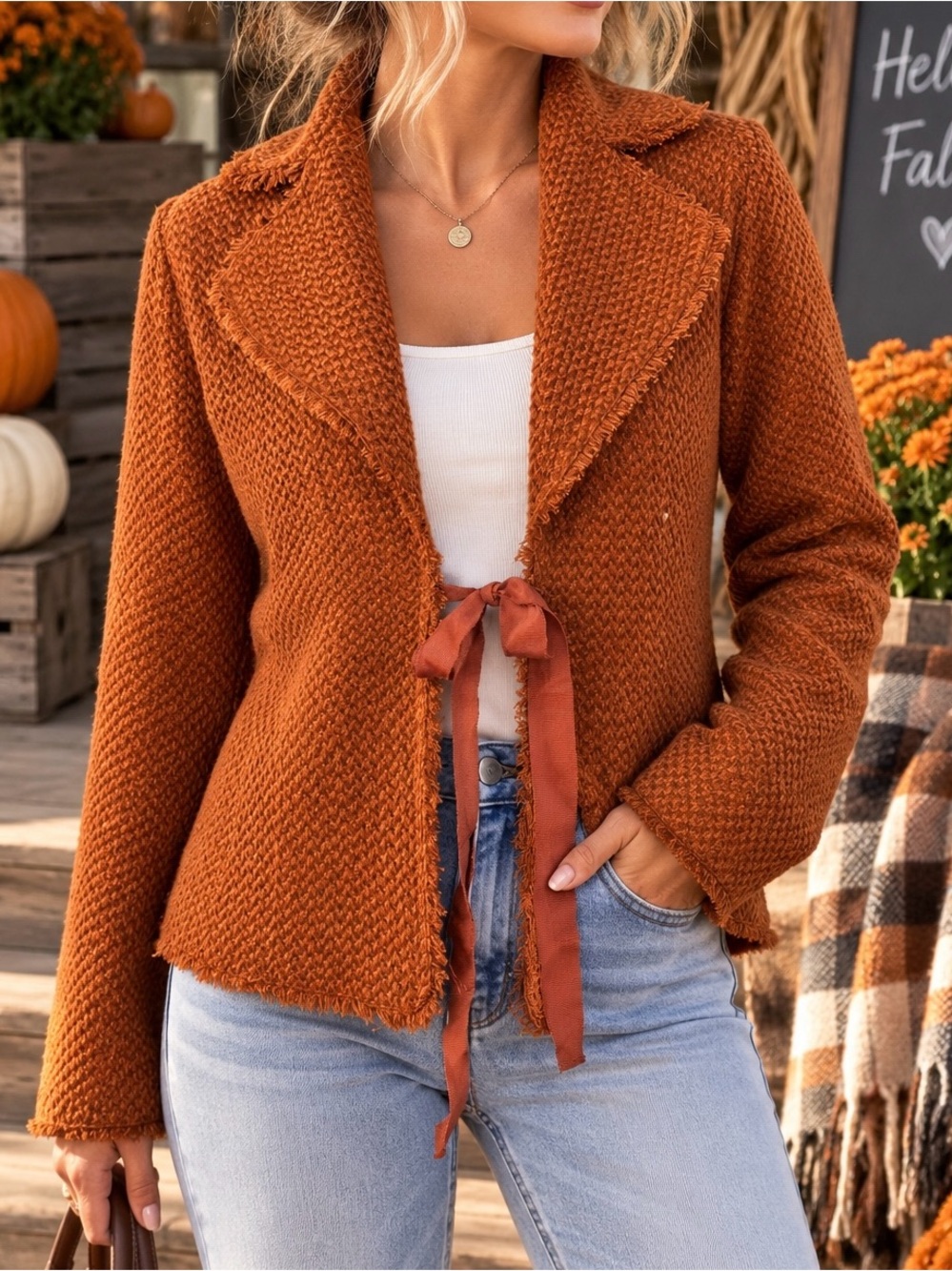 Ellen Tracy Tweed Fringe Front Tie Blazer Jacket Rust Orange Petite 2